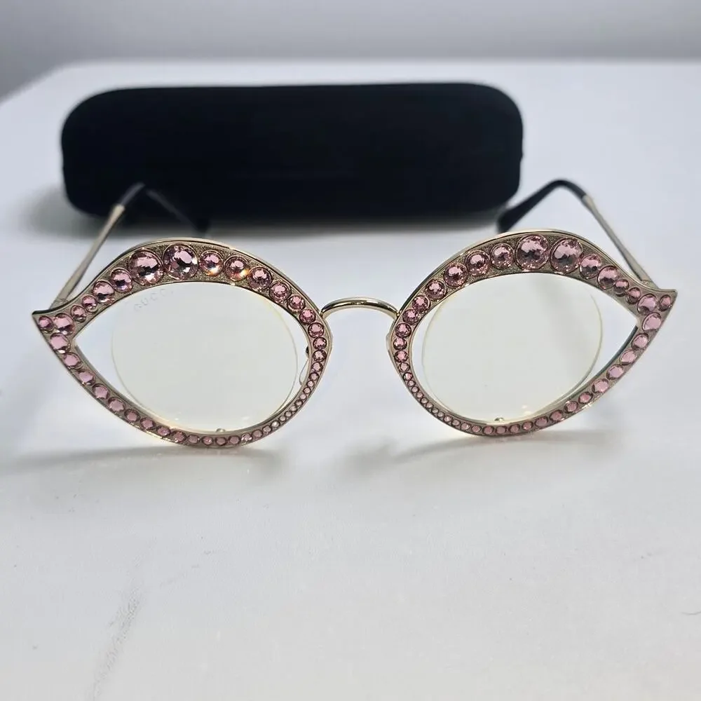 Gucci Crystal Lips Pink Rhinestone Cat Eye Sunglasses Round Lenses GS0046S